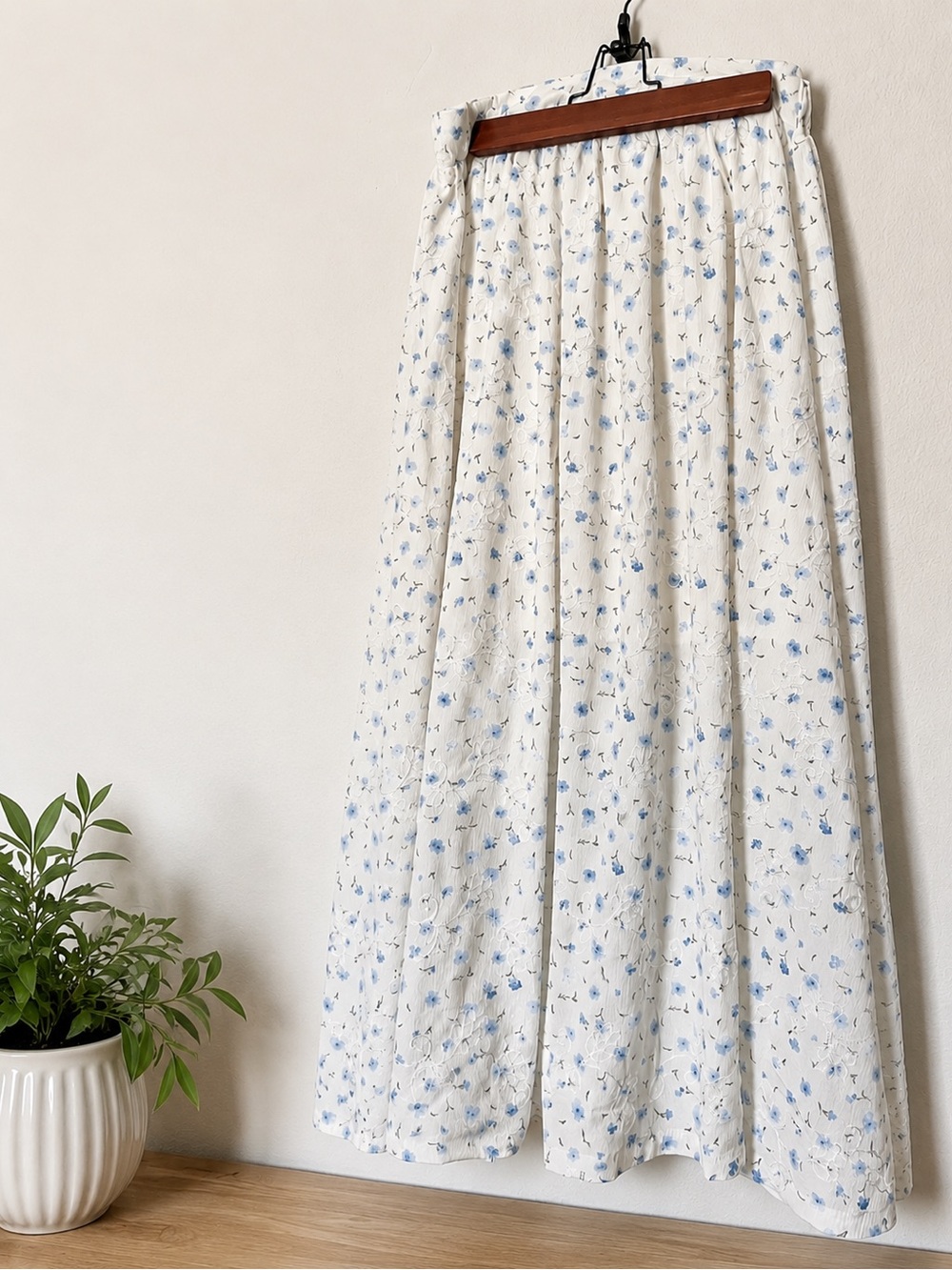 White Floral Maxi Skirt with Blue Florals